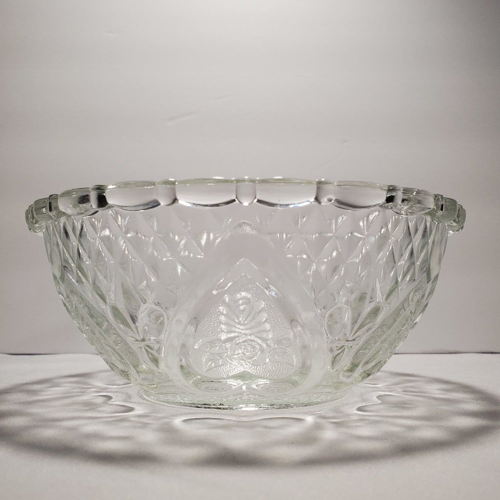 Vintage Firna Indonesia Pressed Glass Hearts and Flowers 10" Serving Bowl 1970s